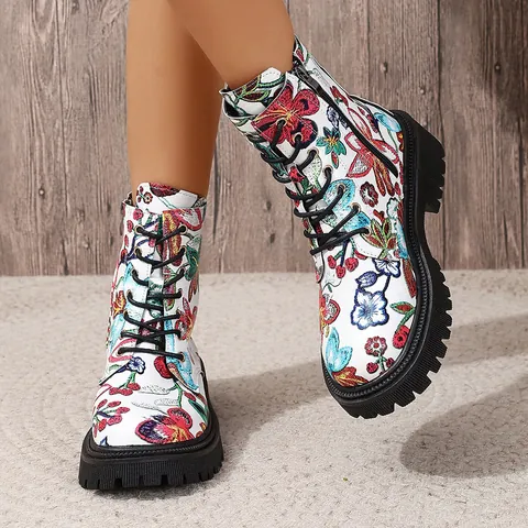 Damen Martin-Stiefel mit Blumenmuster PU-Leder Runde Zehe Schnürung Seitlicher Reißverschluss Dicke Sohle Lässige Winterstiefel