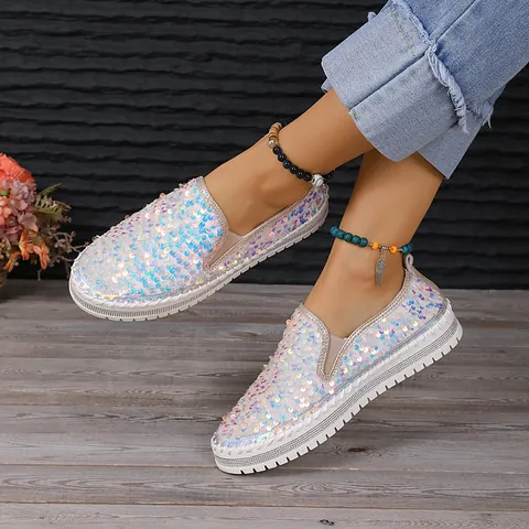 Damen Casual Slipper Bunte Pailletten Patchwork Flache Schuhe Runde Zehen Slipper Mode Täglich Wanderschuhe Große Größen