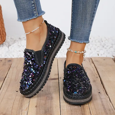 Damen Casual Slipper Bunte Pailletten Patchwork Flache Schuhe Runde Zehen Slipper Mode Täglich Wanderschuhe Große Größen