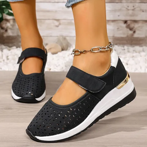 Women Breathable Hollow Out Wedge Sneakers Microfiber Leather Magic Tape Casual Height Increasing Sports Shoes Summer Fashion Footwear