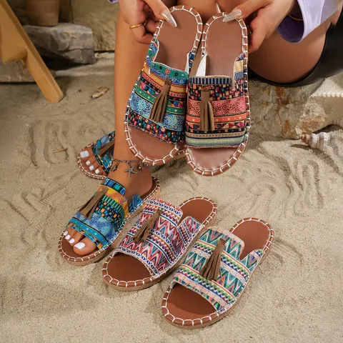 Women's Bohemian Flat Slippers Tassel Ethnic Printed Summer Beach Sandals Breathable Casual Large Size Flat Slides