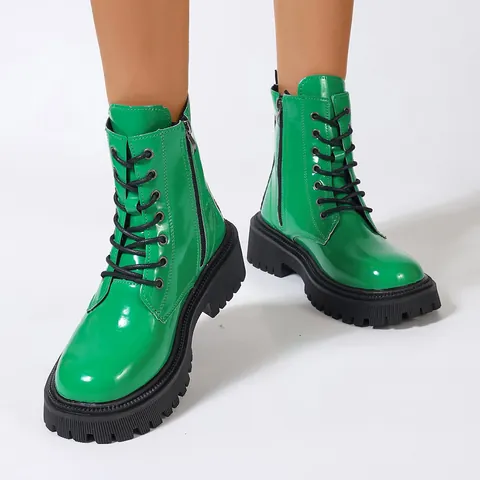 Women British Style Retro Patent Leather Platform Martin Boots Lace Up Side Zipper Mid Heel Ankle Boots Fall Winter Shoes