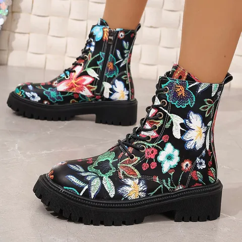Damen Martin-Stiefel mit Blumenmuster PU-Leder Runde Zehe Schnürung Seitlicher Reißverschluss Dicke Sohle Lässige Winterstiefel