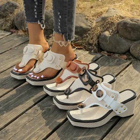 Damen Übergröße Zehentrenner Keilsandalen Sommer Strand Plateau Sandalen Mit Leoparden-Schnalle Webstruktur Mikrofaser Hoher Absatz Schuhe
