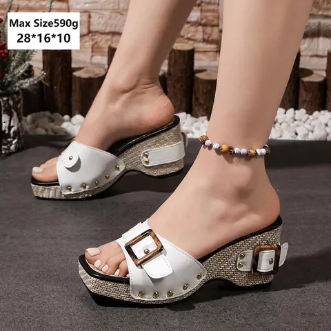 Damen Keilabsatz Hausschuhe Sommer Casual Strand Sandalen Mit Metallschnalle Niete Strohgeflecht Plateau Blockabsatz Schuhe