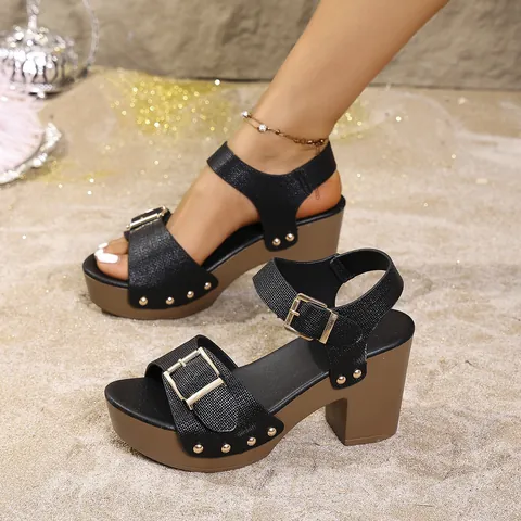Damen Blockabsatz Sandaletten Peep Toe Nieten Plateausandalen Mit Knöchelriemen Retro Sommer Urlaub Schuhe