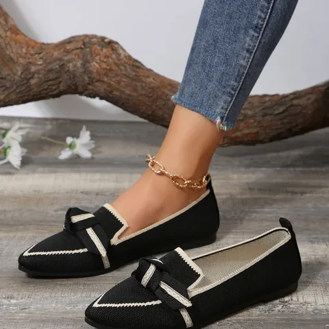 Women Fashion Pointed Toe Flats Mesh Knit Slip On Loafers Casual Bowknot Shoes Breathable Comfortable Dress Shoes For Ladies
