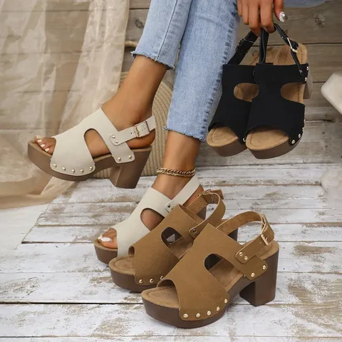 Damen Sandalen Mit Klobigem Hohem Absatz Und Nieten Slingback Plateau Mode Lässige Offene Kleiderschuhe