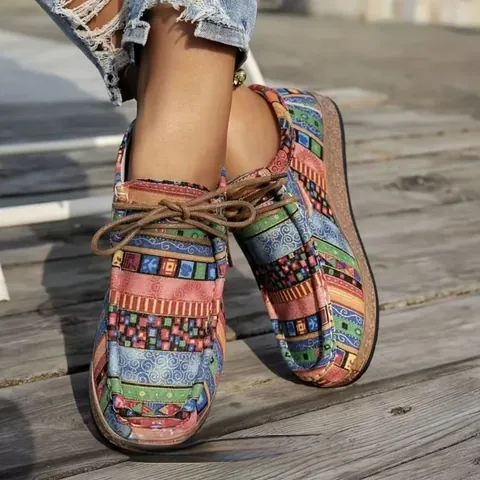Women's Ethnic Graffiti Canvas Loafers Wood Grain Thick Sole Lace-Up Casual Shoes Ethnic Print Moccasins For Outdoor Travel