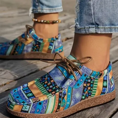 Women's Ethnic Graffiti Canvas Loafers Wood Grain Thick Sole Lace-Up Casual Shoes Ethnic Print Moccasins For Outdoor Travel
