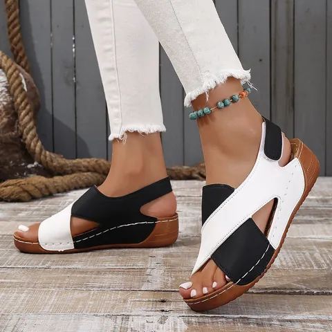 Damen Keilsandaletten Peep Toe Plateau Schuhe Lässig Ausschnitt Strand Footwear PU Leder Überkreuzte Riemen Sommer Sandalen