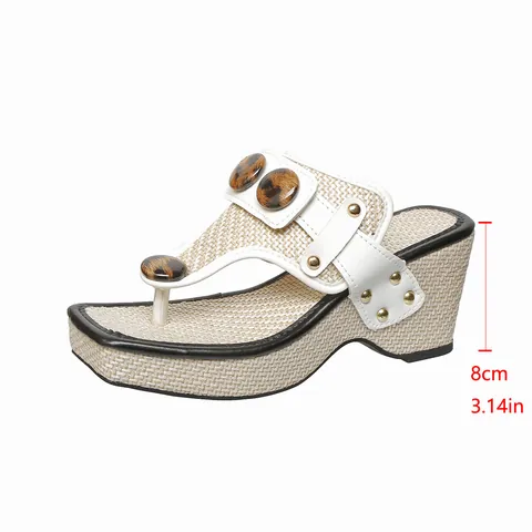 Damen Übergröße Zehentrenner Keilsandalen Sommer Strand Plateau Sandalen Mit Leoparden-Schnalle Webstruktur Mikrofaser Hoher Absatz Schuhe