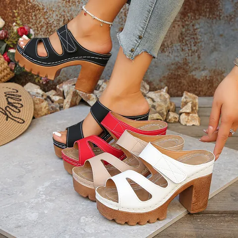 Damen Übergrößen Blockabsatz Sandalen Sommer Plateau Klettverschluss Pantoletten Retro Holzoptik Sohle Kontrastnähte Sandaletten