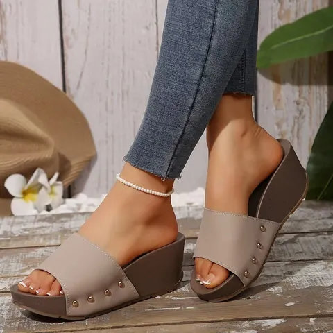 Women's Platform Wedge Slippers Studded Leopard Print PU Leather Open Toe Summer Slides Beach Holiday Casual Outdoor Shoes