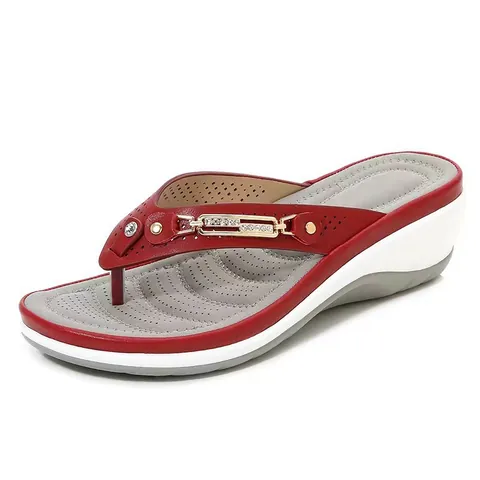 Dames Sleehak Flip Flops Rundleer Strass Metalen Gesp Strand Sandalen Zomer Casual Platform Slides Dames Buitenmode