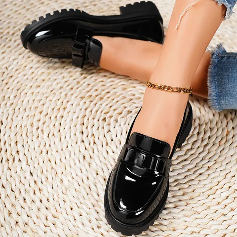 Women's French British Style Loafers PU Patent Leather Platform Flats Casual Slip-on Shoes 2025 Spring Autumn Lady Loafers
