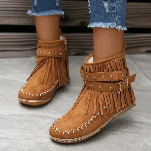 Women's Retro Faux Suede Tassel Ankle Boots Fashion Rivet Buckle Flat Martin Boots Bohemian Autumn Winter Mid Calf Boots