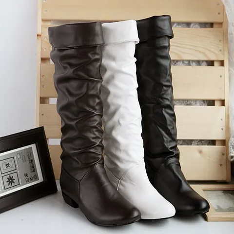 Women Slouchy Knee High Boots Retro PU Leather Block Heel Round Toe Autumn Winter Fashion Casual Long Boots