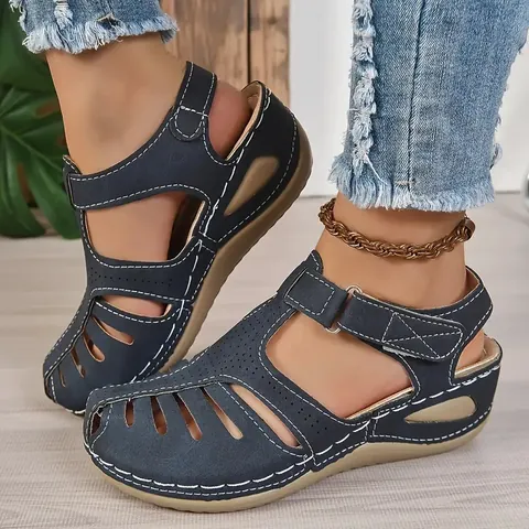 Women Closed Toe Wedge Sandals Vintage PU Synthetic Leather Hollow Out Casual Summer Shoes With Hook And Loop Straps Contrast Stitching Comfortable Middle Heel Sandals