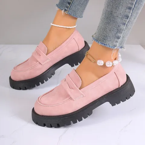 Women British Style Loafers Chunky Sole Platform Shoes PU Leather Retro Round Toe Slip On Casual Everyday Footwear