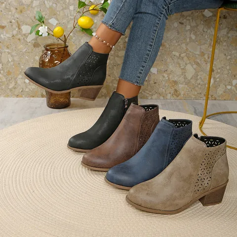 Dames Chelsea Boots PU Leer Opengewerkt Puntige Neus Blokhak Vintage Enkellaarsjes Zijrits Casual Mode Korte Laarzen