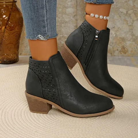 Dames Chelsea Boots PU Leer Opengewerkt Puntige Neus Blokhak Vintage Enkellaarsjes Zijrits Casual Mode Korte Laarzen