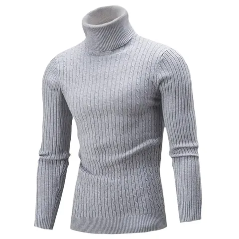 Men's Turtleneck Long Sleeve Cable Knit Sweater Casual Slim Fit Pullover Winter Thermal Knitwear Basic Top