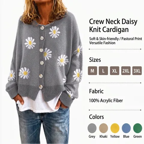 Women's Fashion Daisy Jacquard Knit Cardigan Simple Casual Loose Long Sleeve Button Down Polyester Sweater Outerwear
