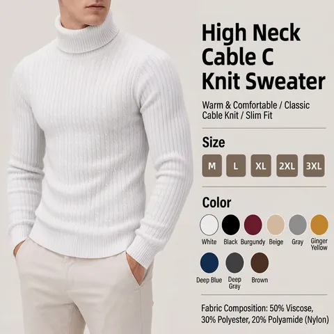 Men's Slim Fit Turtleneck Sweater Solid Color Cable Knit Warm Pullover Long Sleeve Knitted Top For Autumn Winter