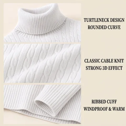 Men's Slim Fit Turtleneck Sweater Solid Color Cable Knit Warm Pullover Long Sleeve Knitted Top For Autumn Winter