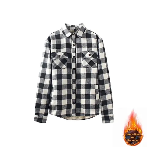 Sobrecamisa de Franela a Cuadros para Hombre con Forro de Felpa Cálida Otoño Invierno Manga Larga Botones