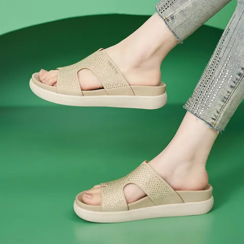 Women platform Slides Rhinestone Bling Summer Beach Slippers Casual H-Shaped Sandals Thick Sole Non-Slip Outdoor Footwear