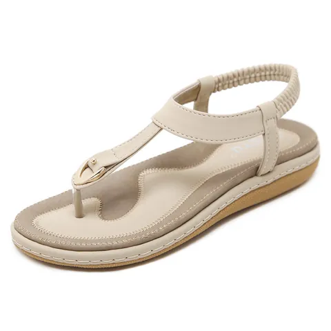 Women Summer T-Strap Flat Sandals Metal Buckle Embroidered Design Breathable Beach Shoes For Women Daily Outdoor Wear