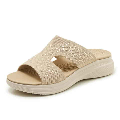 Women Wedge Platform Slides Rhinestone Fly-knit Mesh Breathable Slip-on Summer Thick Sole Slippers Comfortable Mules Footwear