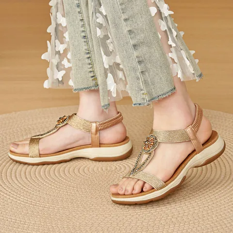Bohemian Women Wedge Sandals Rhinestone Floral Elastic Back Strap Braided Comfortable Summer Beach Roman Sandals Champagne Gold Black