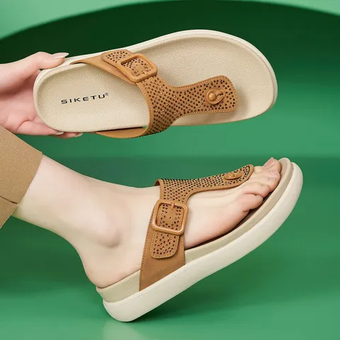 Women's Rhinestone Platform Thong Sandals Casual Wedge Beach Flip Flops With Buckle Decor Comfortable Summer Slip-on Shoes