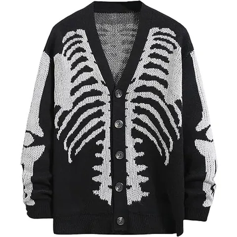 Halloween Skeleton Jacquard Knitted Cardigan Women V Neck Button Down Oversized Skull Graphic Sweater Gothic Streetwear Top