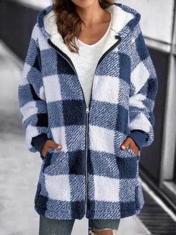 Women's Plaid Hooded Plush Jacket Loose Zipper Pocket Long Sleeve Fleece Coat For Winter Casual Warm Outerwear Top