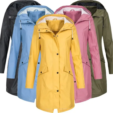 Women Mid-Length Hooded Windbreaker Outdoor Waterproof Hiking Coat Casual Solid Color Stitching Pocket Top