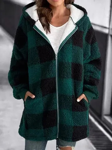 Women's Plaid Hooded Plush Jacket Loose Zipper Pocket Long Sleeve Fleece Coat For Winter Casual Warm Outerwear Top
