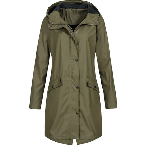 Women Mid-Length Hooded Windbreaker Outdoor Waterproof Hiking Coat Casual Solid Color Stitching Pocket Top