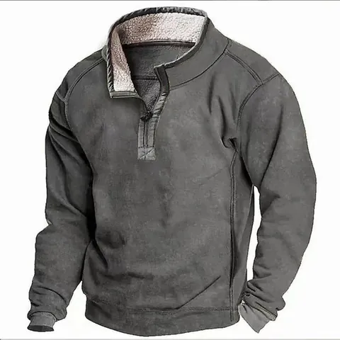 Men Casual Polyester Fleece Lined Sweatshirt Stand Collar Quarter Zip Pullover Long Sleeve Top Solid Color Winter Warm Outdoor Clothing