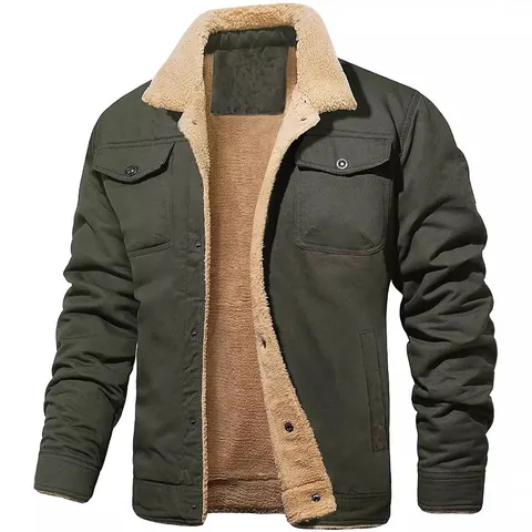 Men's Casual Workwear Jacket Sherpa Fleece Lined Winter Warm Multi-pocket Cotton Padded Outerwear Solid Color Button Up Coat