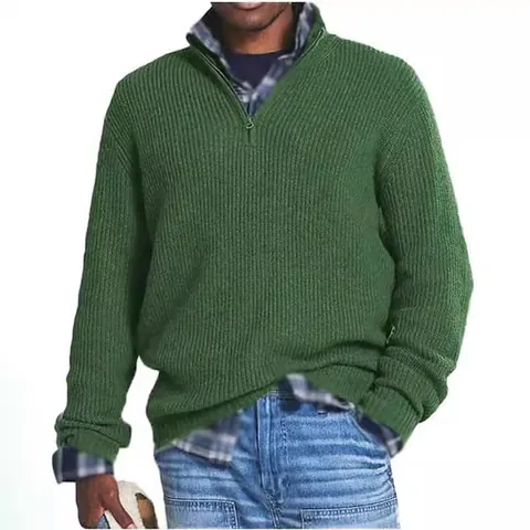 Suéter de Punto Casual con Cremallera de Cuarto para Hombre de Punto Acanalado Manga Larga Jersey Ajustado Básico Color Sólido Top para Otoño Invierno Prendas de Punto Cálidas