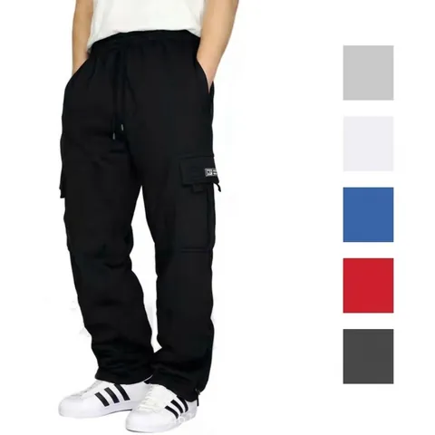 Men's Fleece Lined Cargo Pants Sporty Casual Loose Multi-Pocket Drawstring Joggers Sweatpants Solid Color Warm Winter Trousers