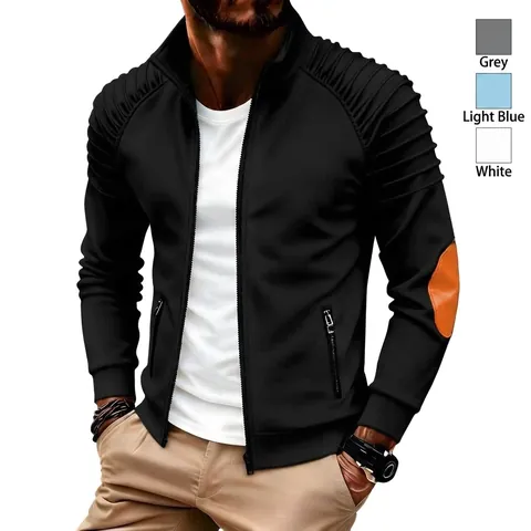 Men's Casual Sport Jacket With Pleated Sleeves Stand Collar Zipper Pockets Contrast Patch Outerwear Top For Spring Autumn