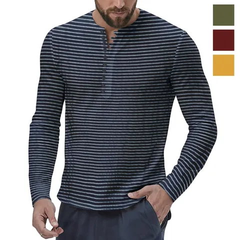 Men Henley Shirt Long Sleeve Striped T-Shirt Casual Polyester British Style Buttons Top For Autumn Winter Men Apparel