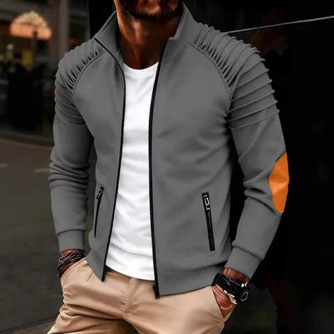 Men's Casual Sport Jacket With Pleated Sleeves Stand Collar Zipper Pockets Contrast Patch Outerwear Top For Spring Autumn