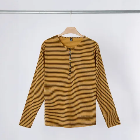 Men Henley Shirt Long Sleeve Striped T-Shirt Casual Polyester British Style Buttons Top For Autumn Winter Men Apparel
