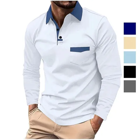 Men Smart Casual Color Block Polo Shirt Polyester Spliced Long Sleeve Turn-down Collar Patchwork Top With Pocket For Autumn